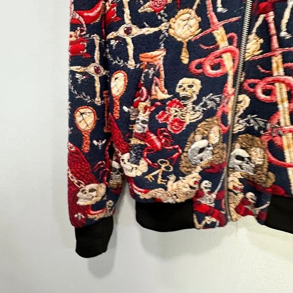 ZARA Mens Dark Blue All Over Skulls Skeletons Heart Graphic‎ Bomber Jacket - Picture 3 of 6